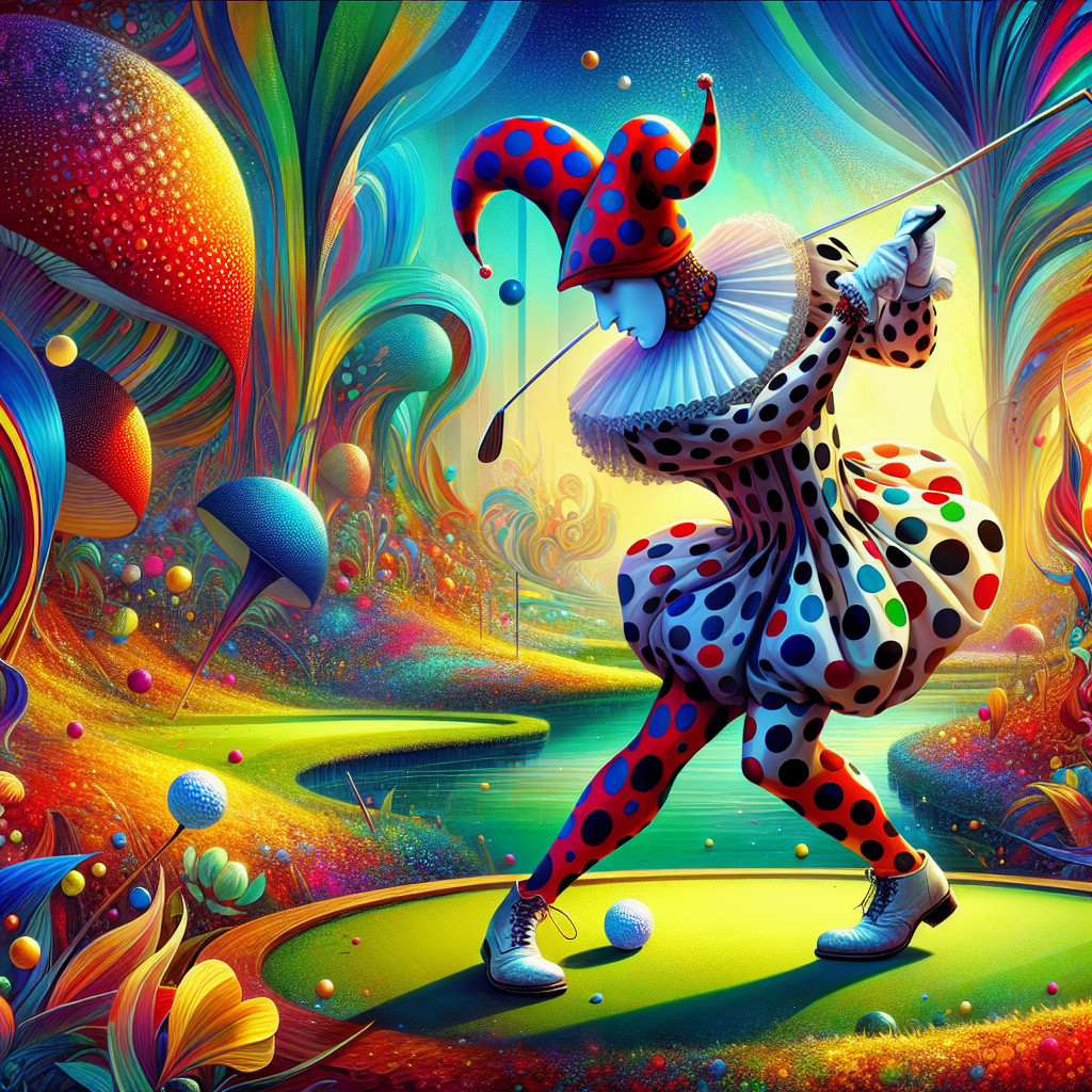 Whimsical Jester Golfing in a Surreal Landscape