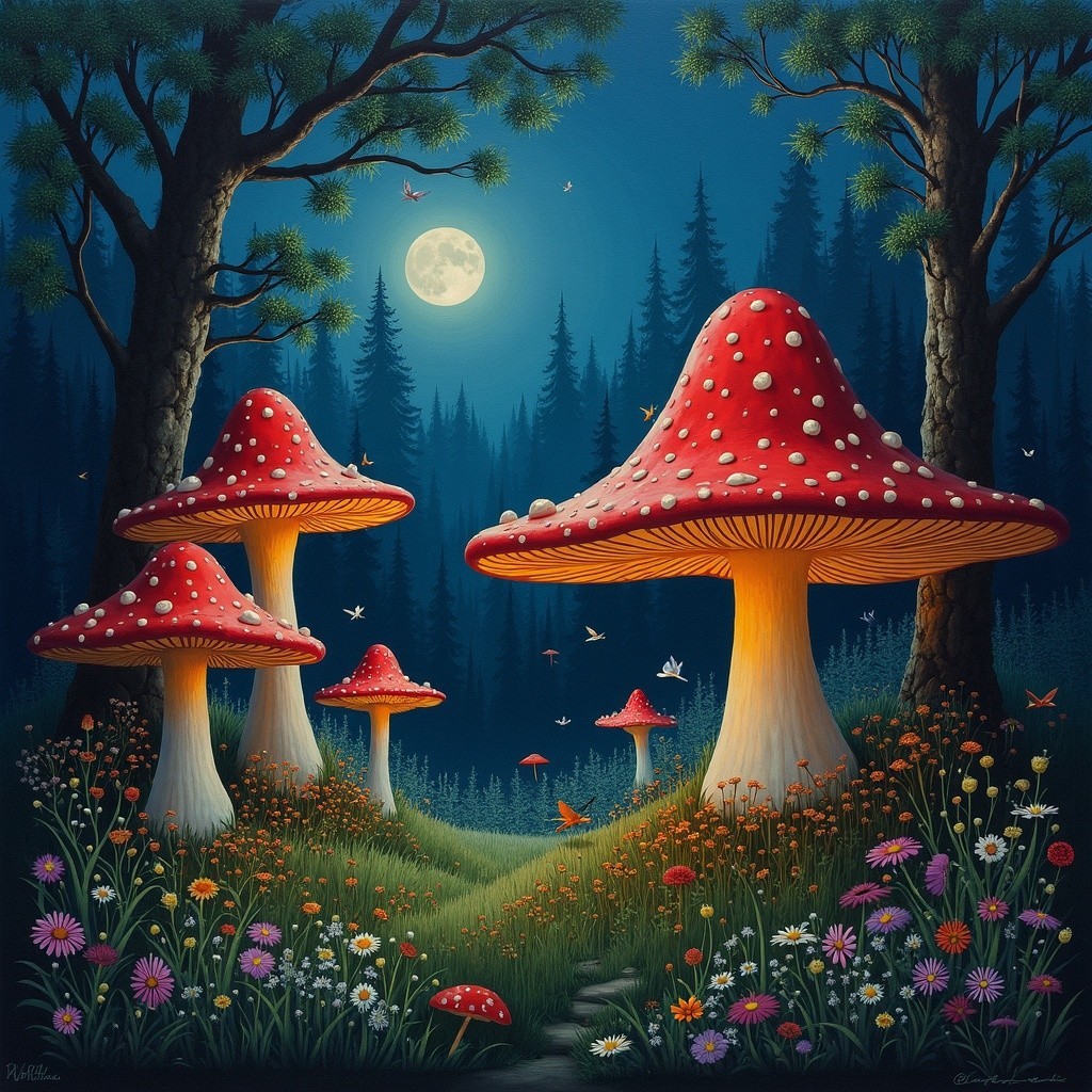 Whimsical Twilight Forest with Vibrant Mushrooms and Butterflies