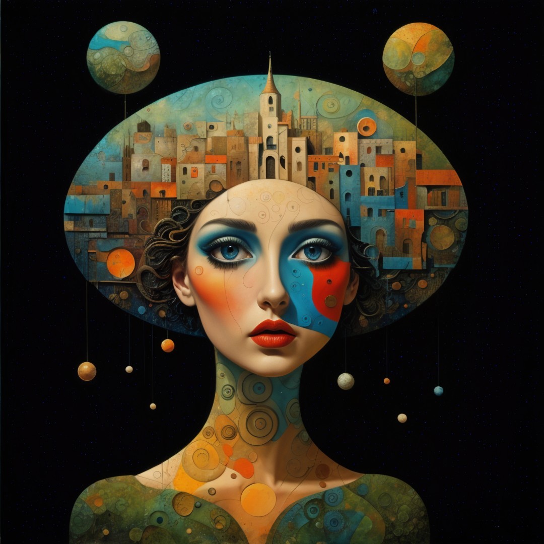 Surreal portrait of a woman with cityscape headpiece