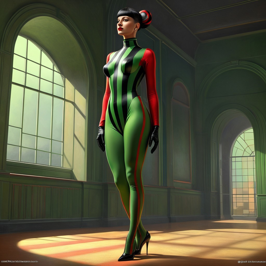 Tall figure in vibrant green and red bodysuit indoors
