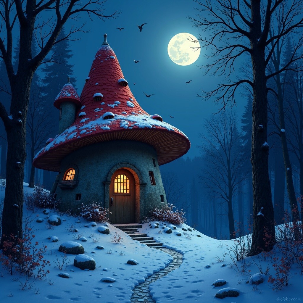 Mushroom-Shaped House in a Snowy Forest Scene