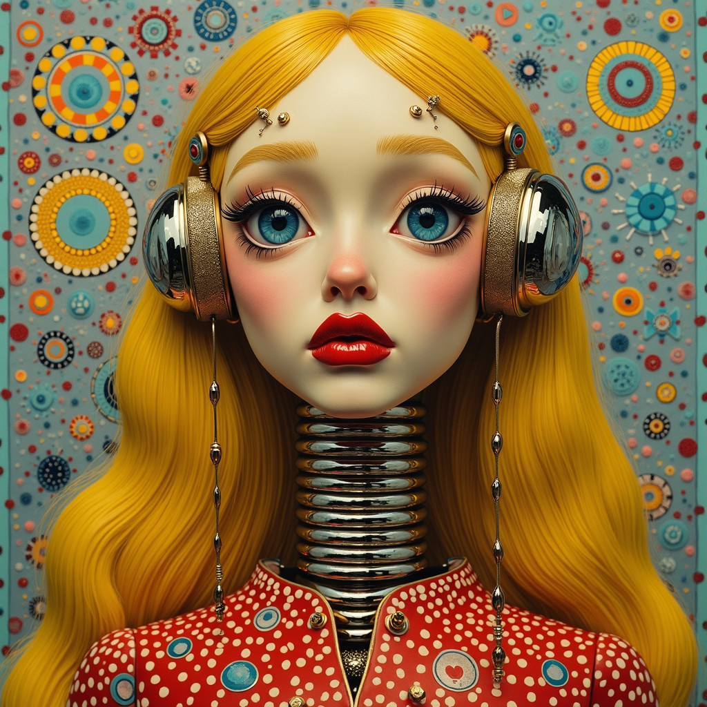 Stylized humanoid figure with vibrant hair and robotic elements