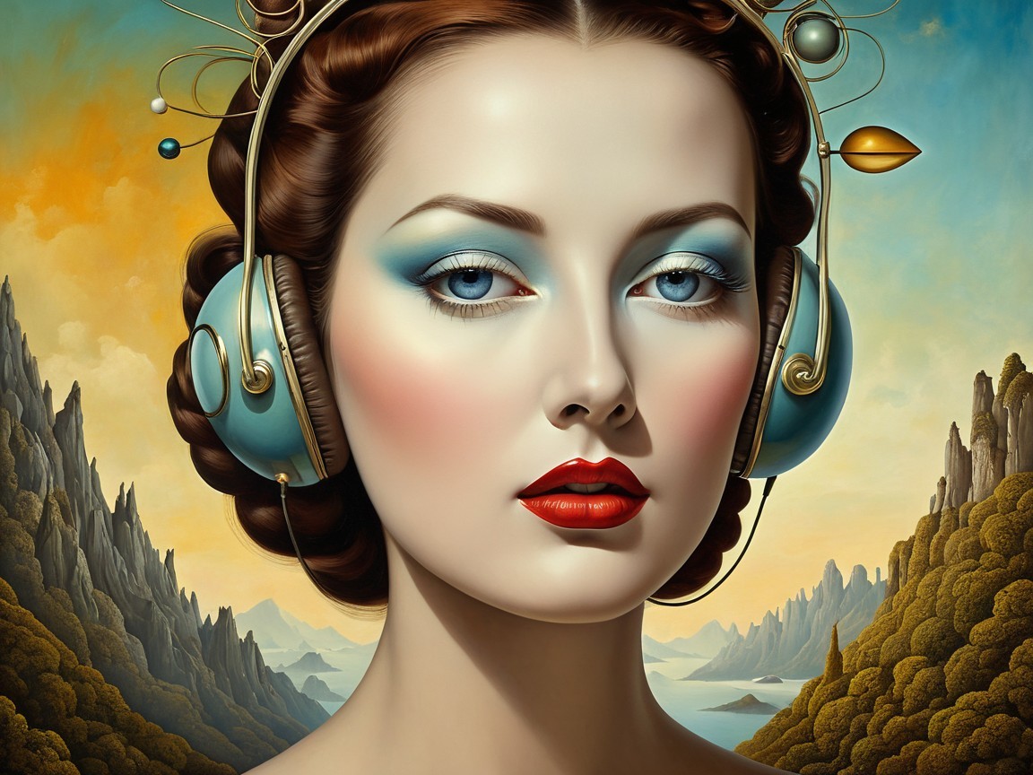 Portrait of a Woman with Blue Headphones in Dreamy Landscape