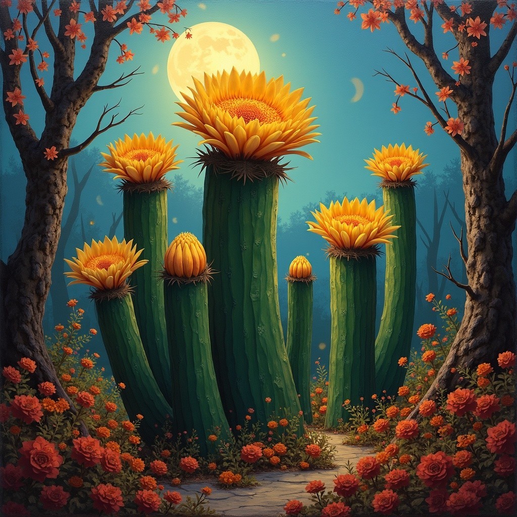Whimsical Garden with Cacti and Moonlit Flowers