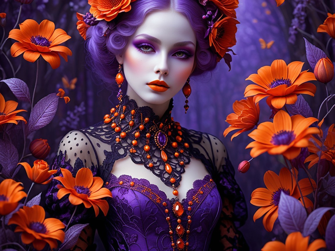 Portrait of a Woman with Purple Hair and Flowers