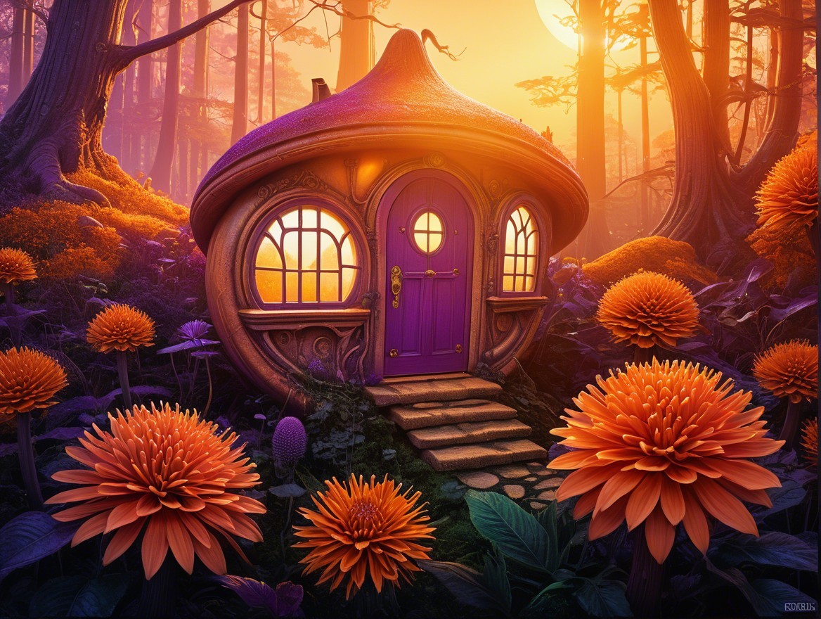 Whimsical Cottage in a Magical Forest Setting