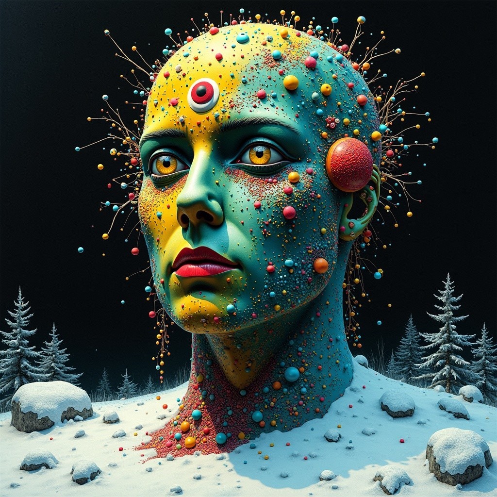 Surreal Humanoid Head with Colorful Elements in Snowy Scene