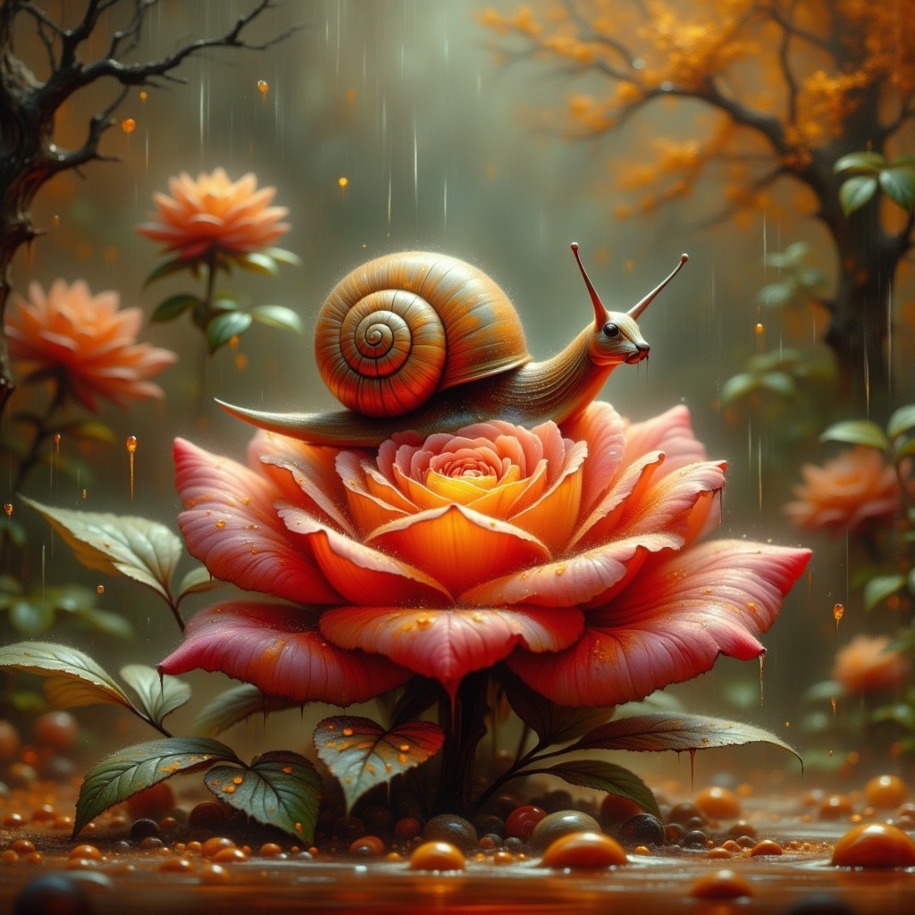 Snail on a Vibrant Rose in a Misty Forest Scene