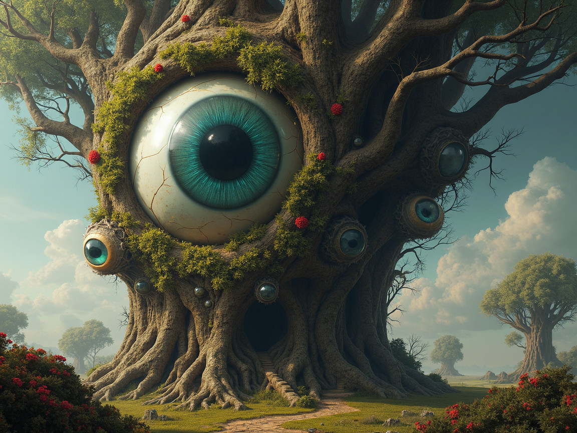 Colossal tree with expressive eyes in whimsical landscape