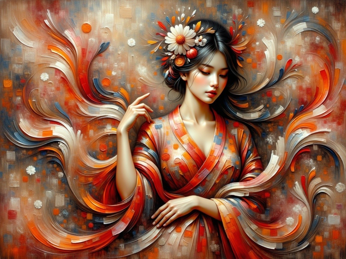 Vibrant Woman in Intricately Patterned Kimono