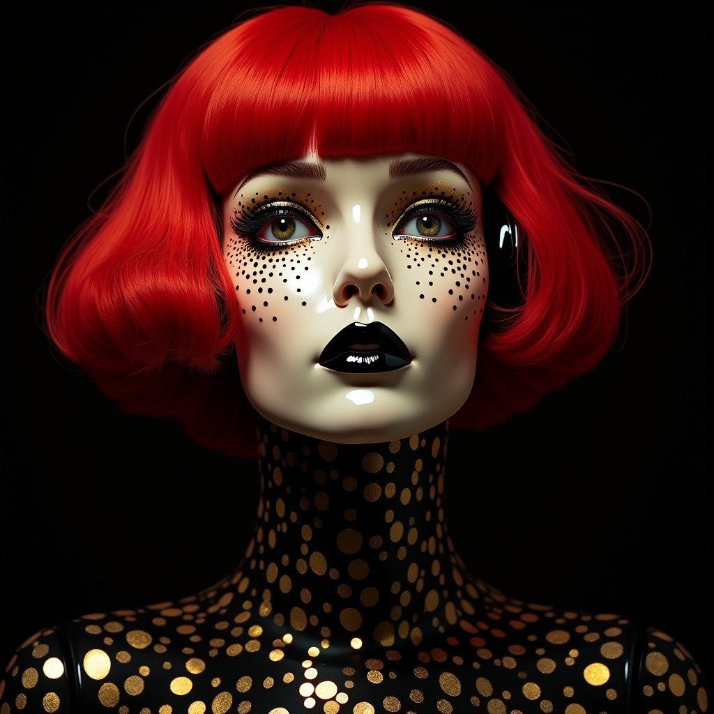 Mannequin Displaying Red Bob Hair and Bold Makeup