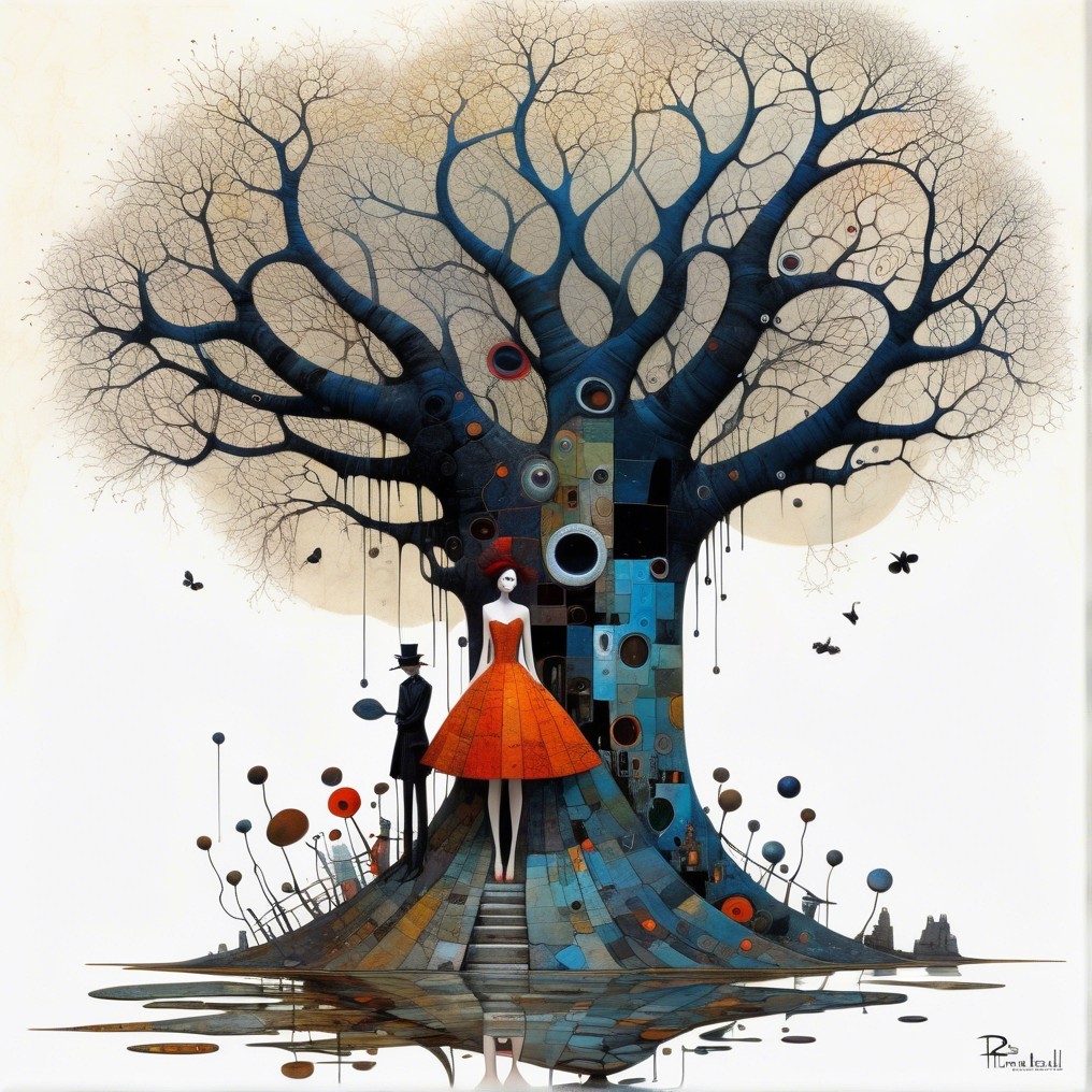 Surreal Scene of Intricate Tree and Vibrant Figures