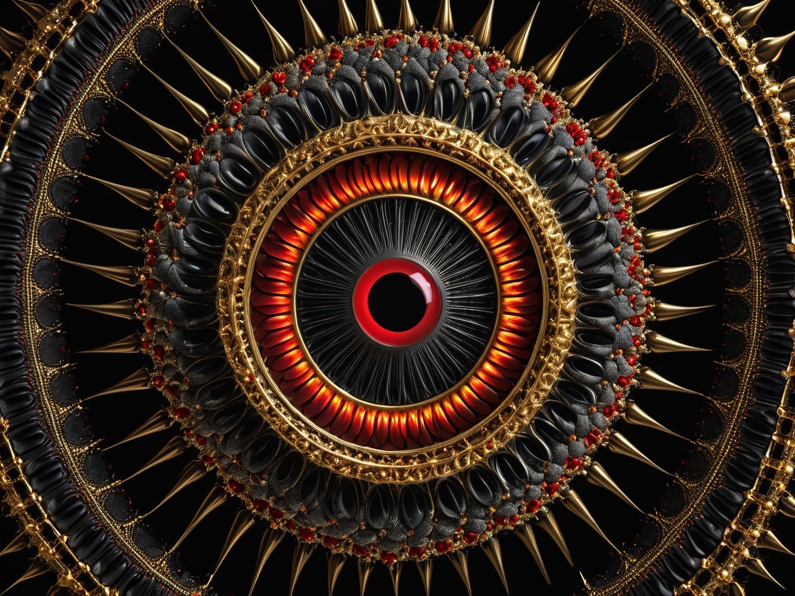 Abstract Eye Design with Golden Spikes and Red Accents