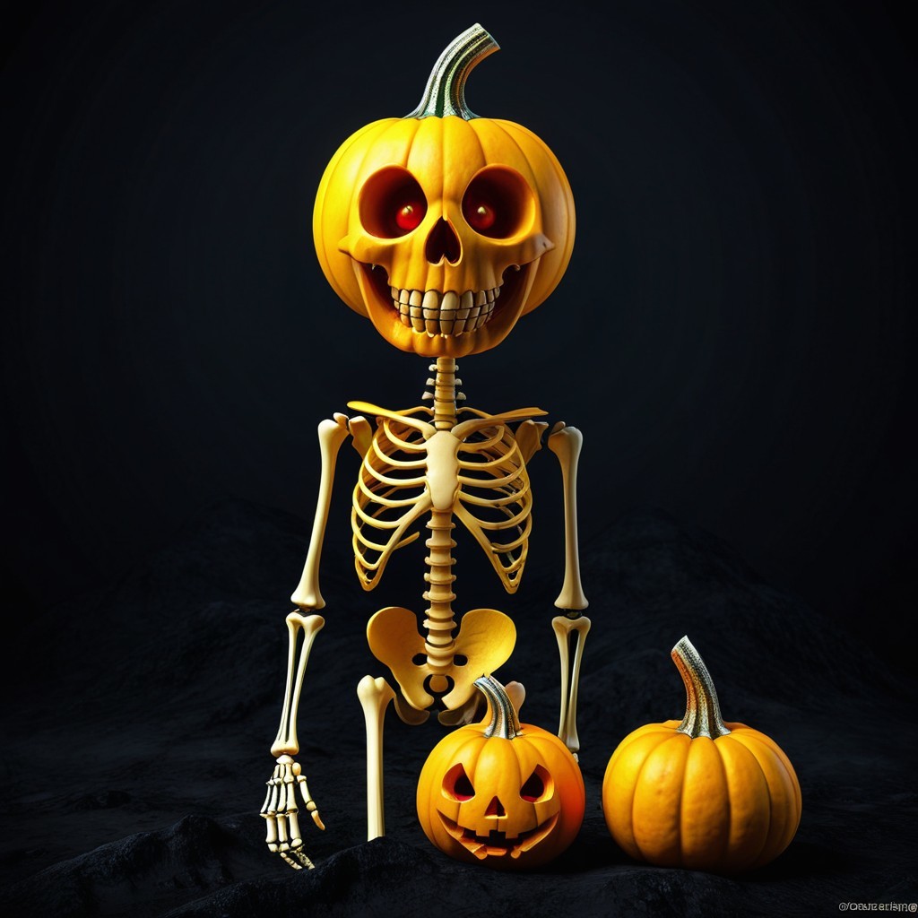 Skeleton with Pumpkin Head and Carved Pumpkins Scene