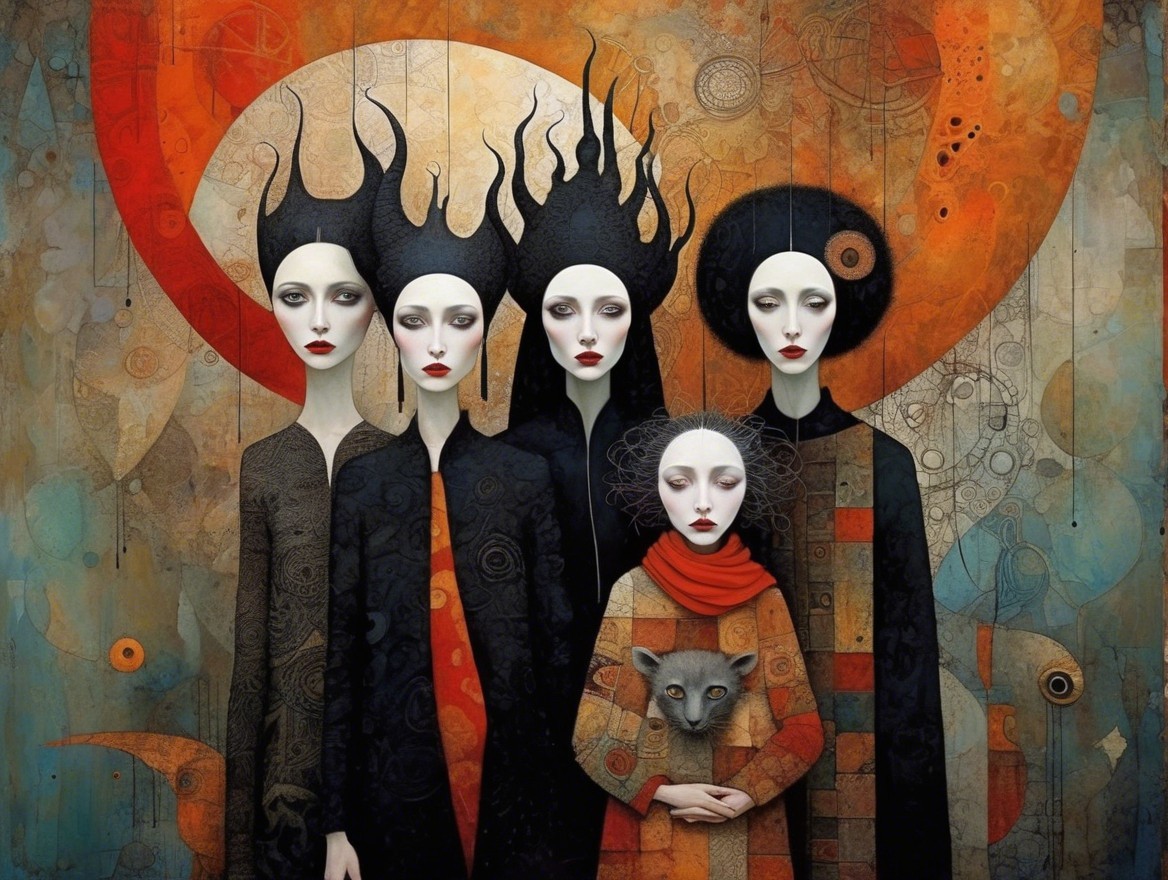 Surreal Painting of Six Elongated Figures in Colorful Scene