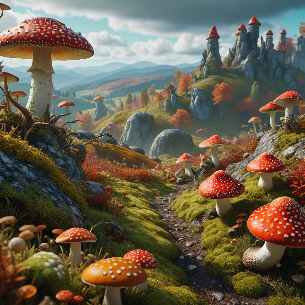 Whimsical Landscape with Mushrooms and Castles