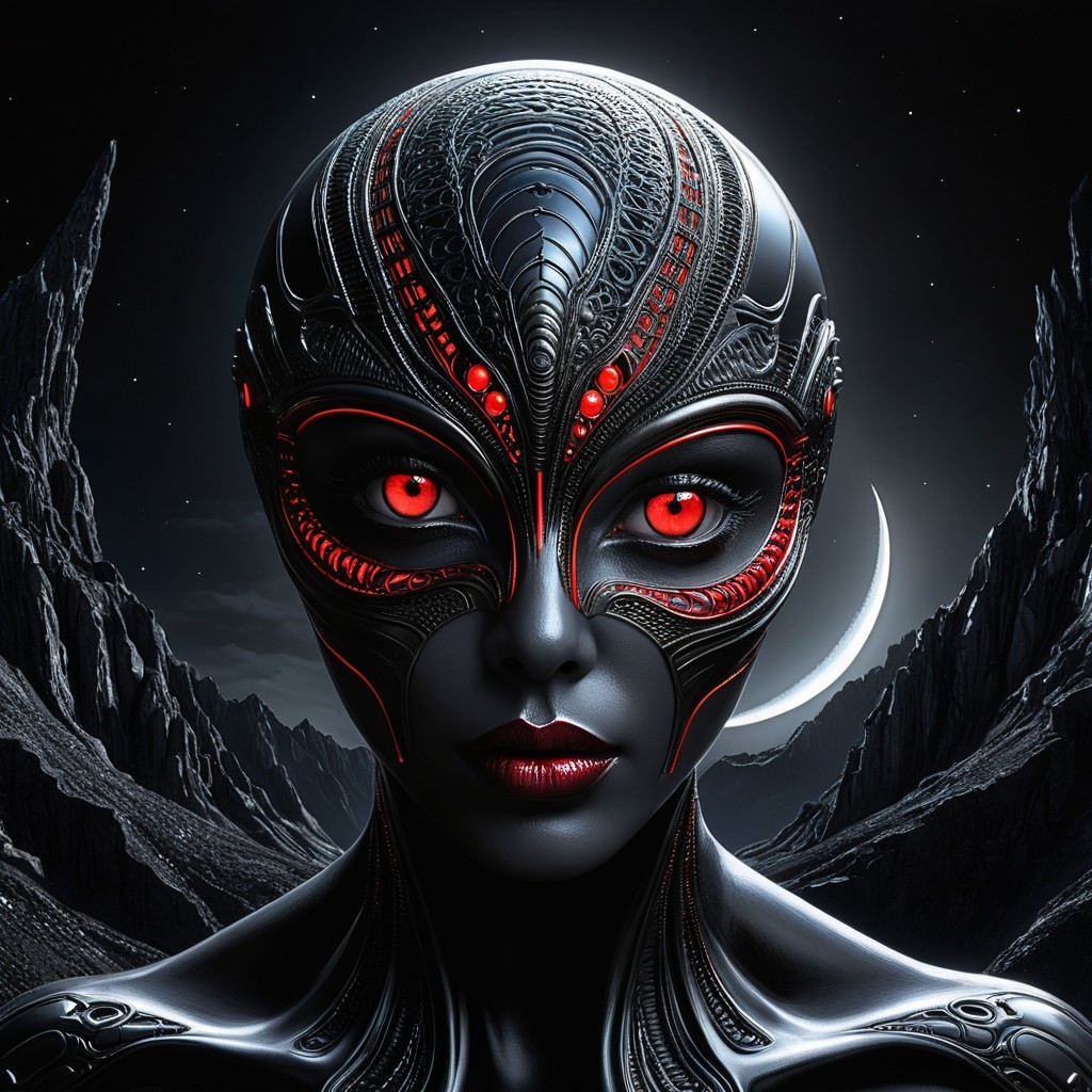 Futuristic figure with metallic features in dark landscape
