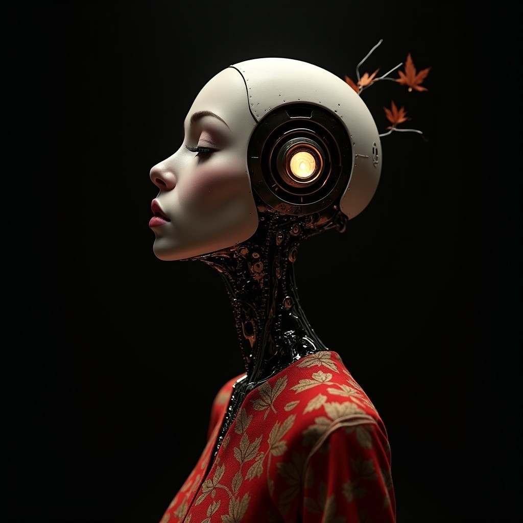 Futuristic humanoid robot blending nature and technology