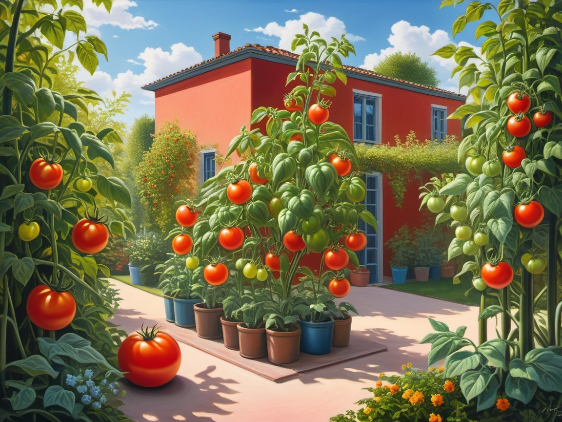 Vibrant garden with lush tomato plants and flowers