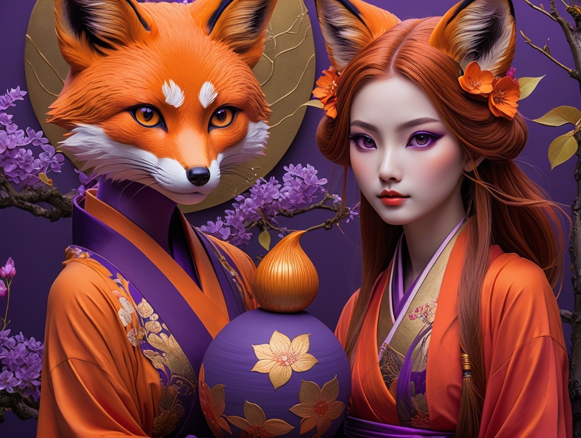 Fantastical Scene with Fox and Woman in Cherry Blossoms