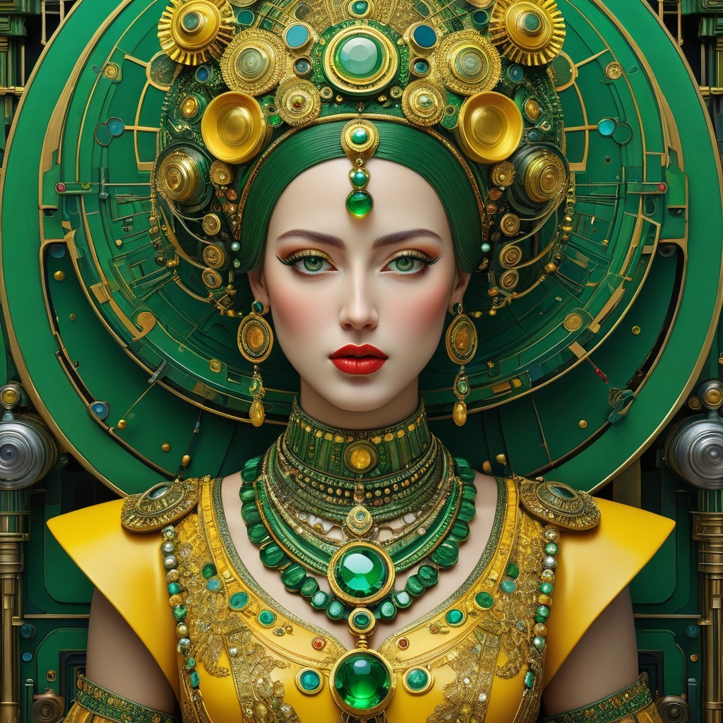 Elegant figure in golden jewelry with green accents