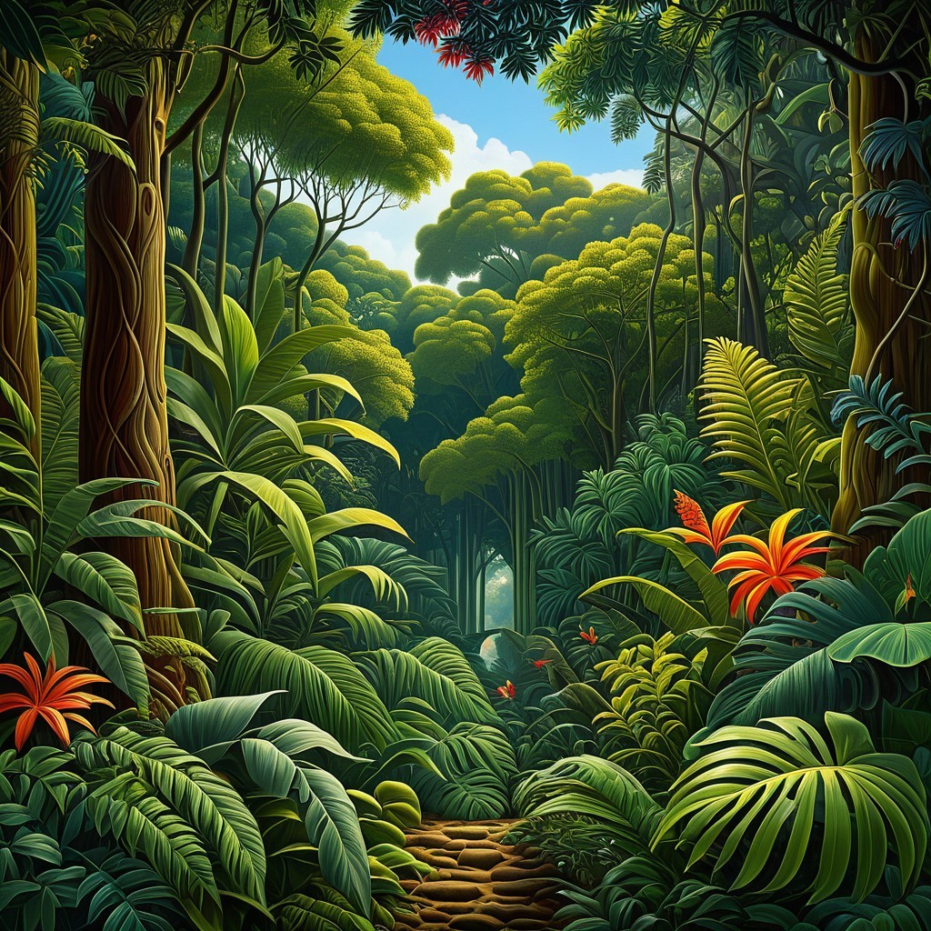 Lush Jungle Scene with Towering Trees and Foliage