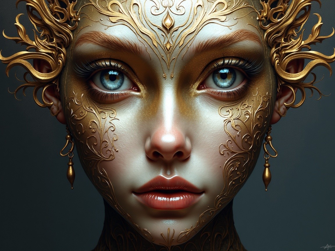 Close-up of a woman with golden facial adornments