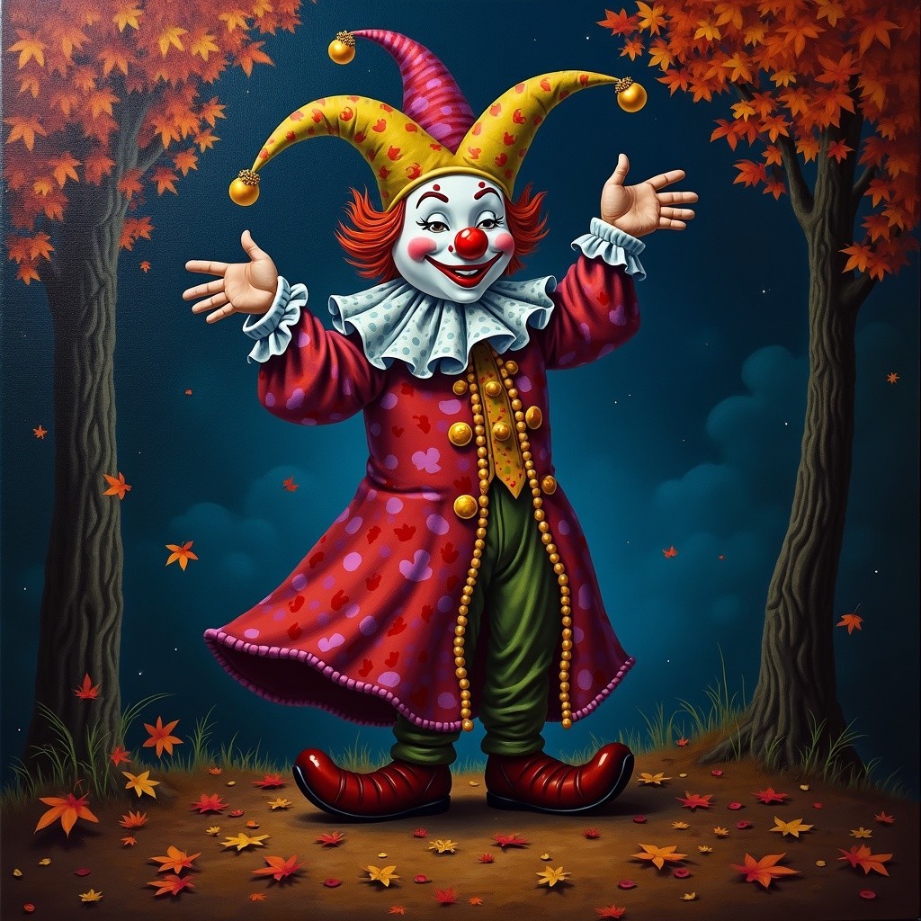 Clown in Jester Costume Among Colorful Autumn Trees