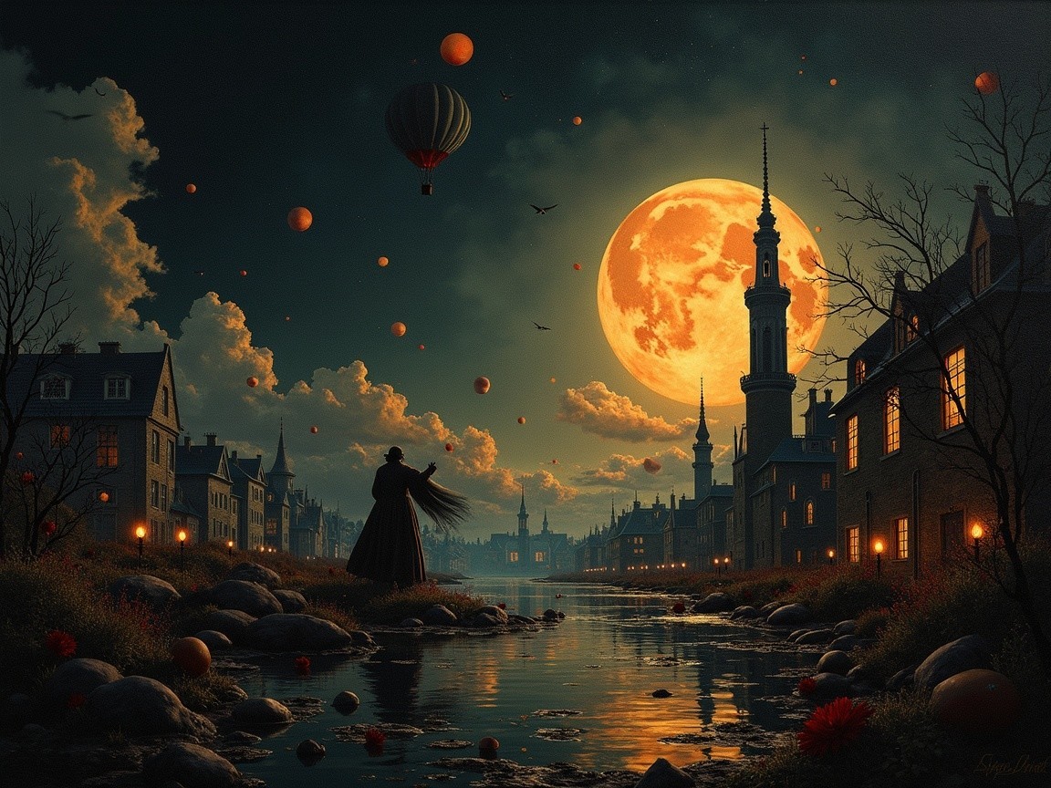 Moonlit River Scene with Hot Air Balloons and Gothic Buildings