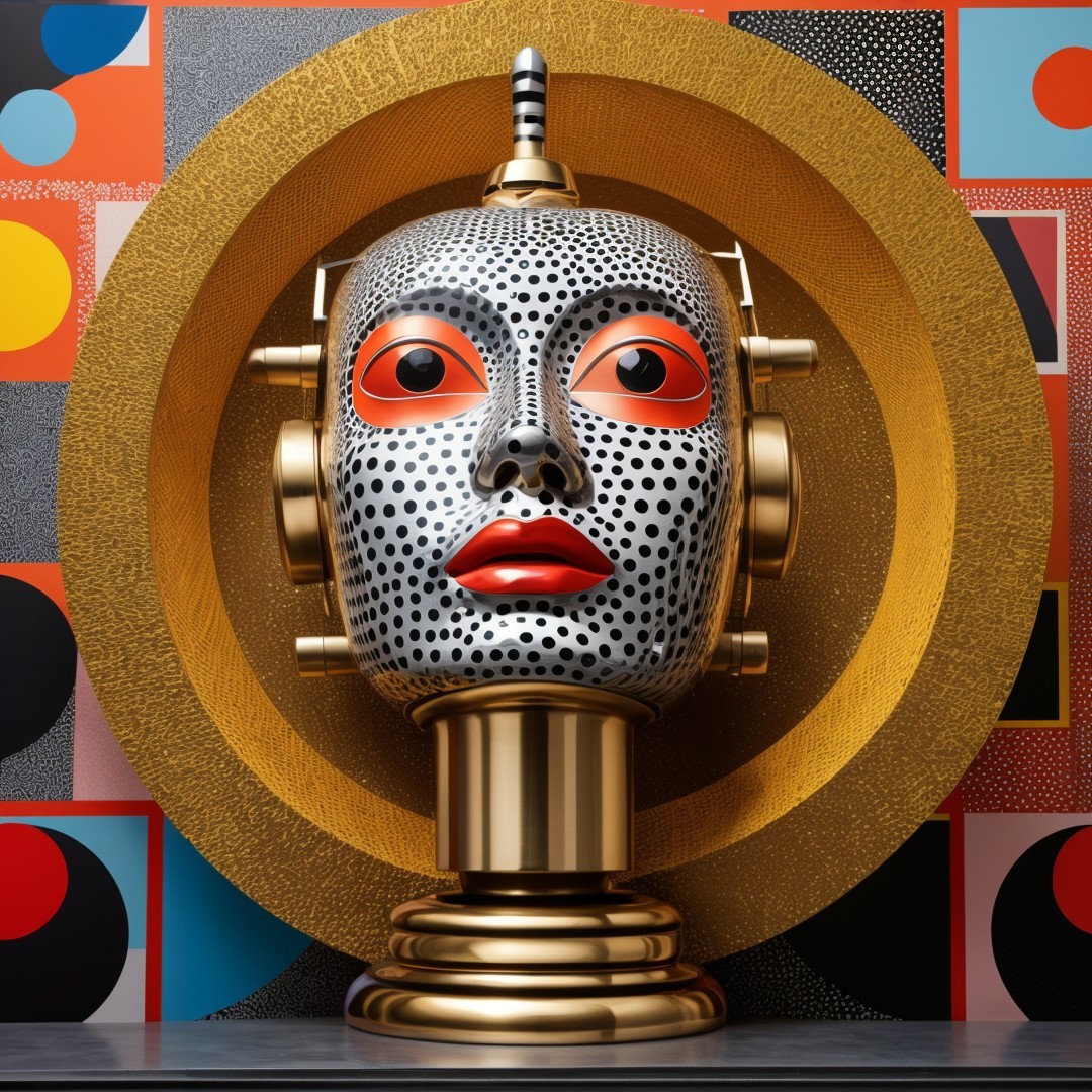 Futuristic robotic head with polka dots and red lips