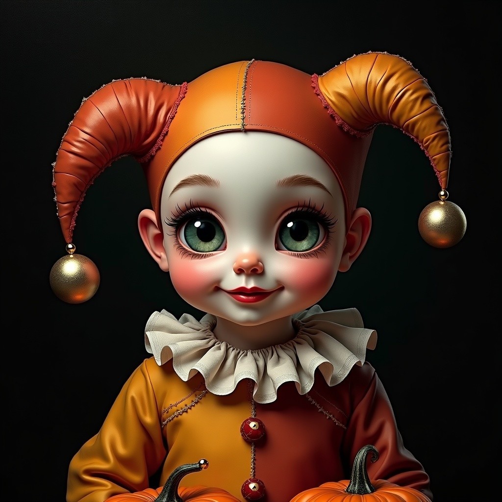 Whimsical Doll Figure in Jester Outfit with Pumpkins