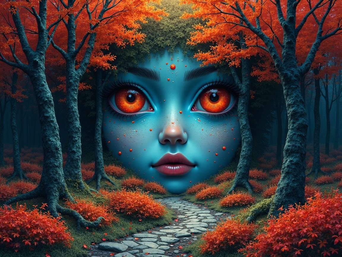Mystical Forest with Serene Blue Face and Orange Eyes