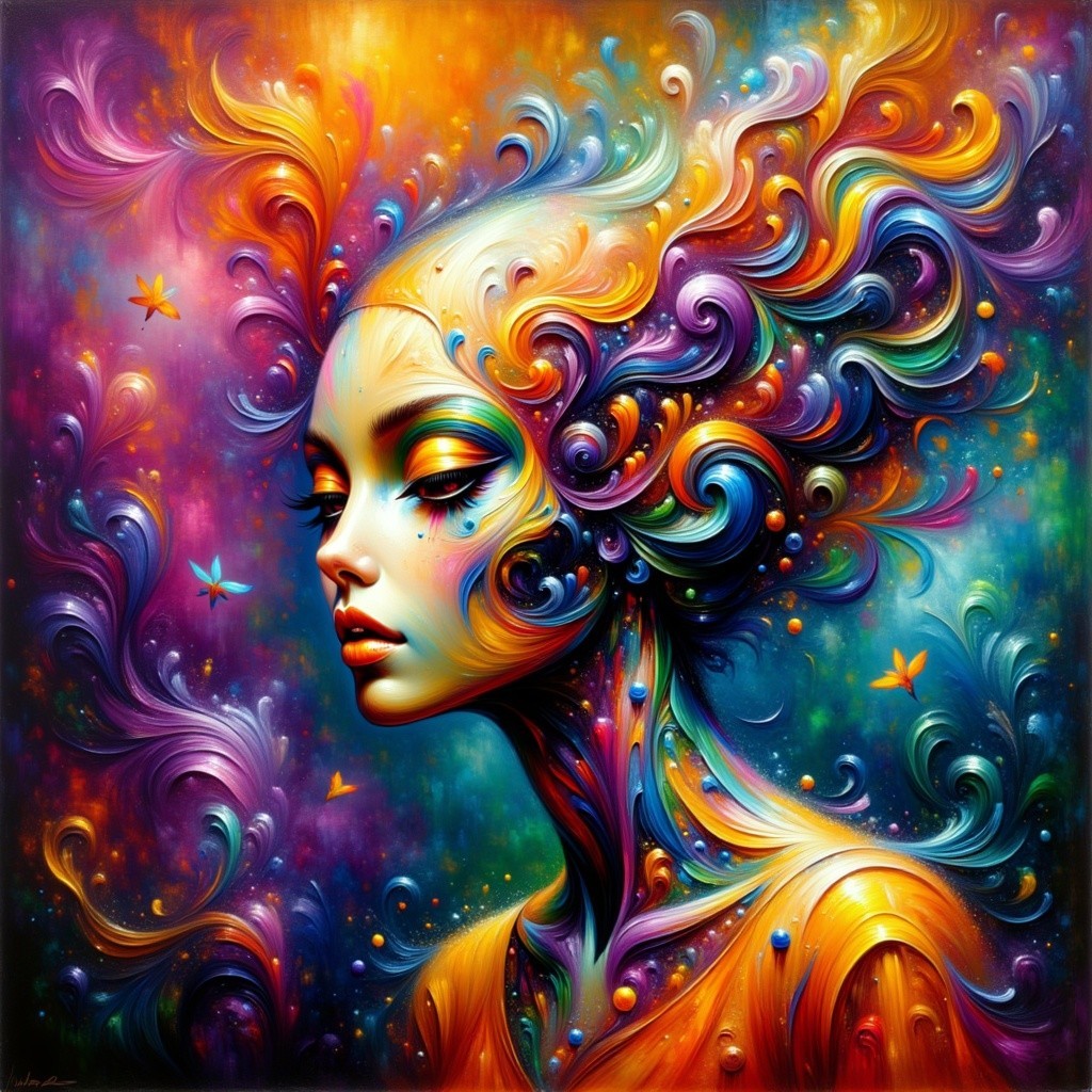 Stylized Female Figure with Flowing Colorful Hair