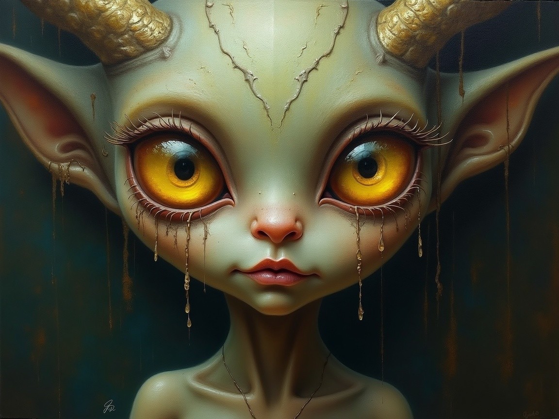 Fantastical creature with yellow eyes and prominent horns