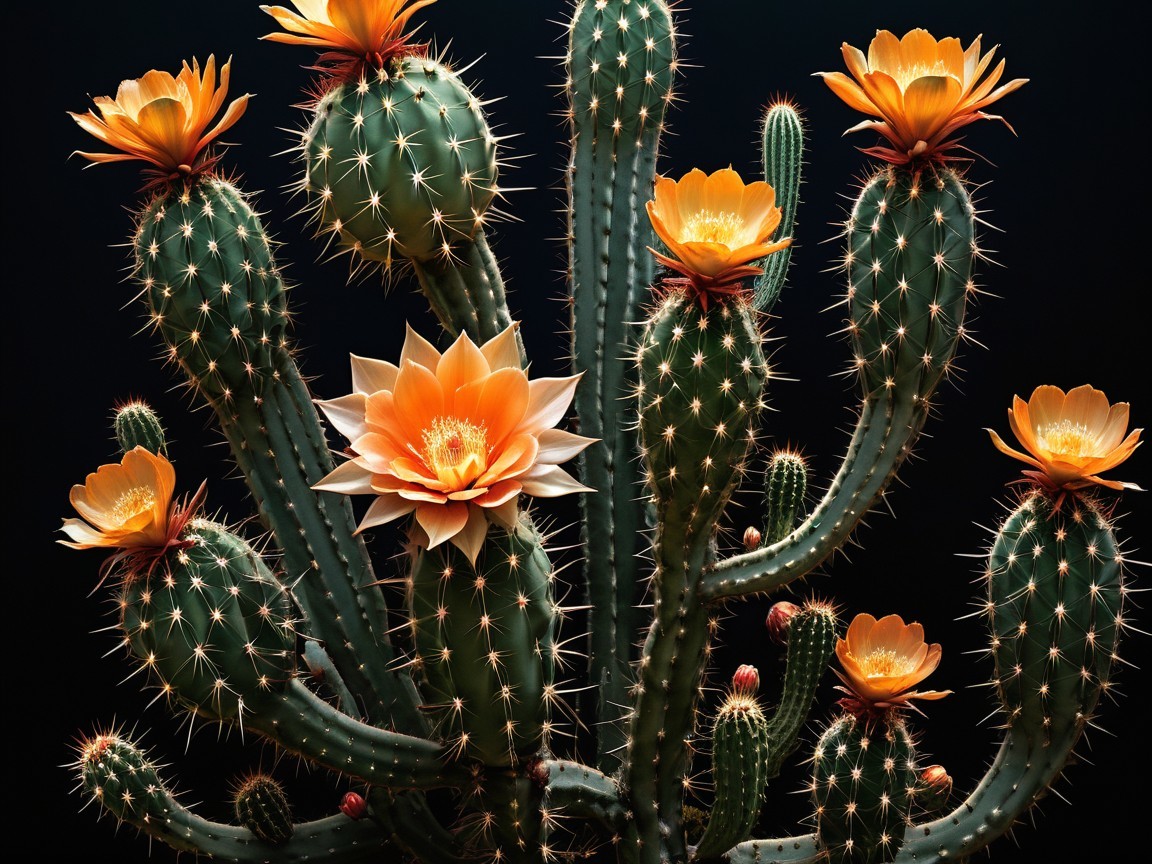 Vibrant Cacti Cluster with Orange Flowers on Dark Background
