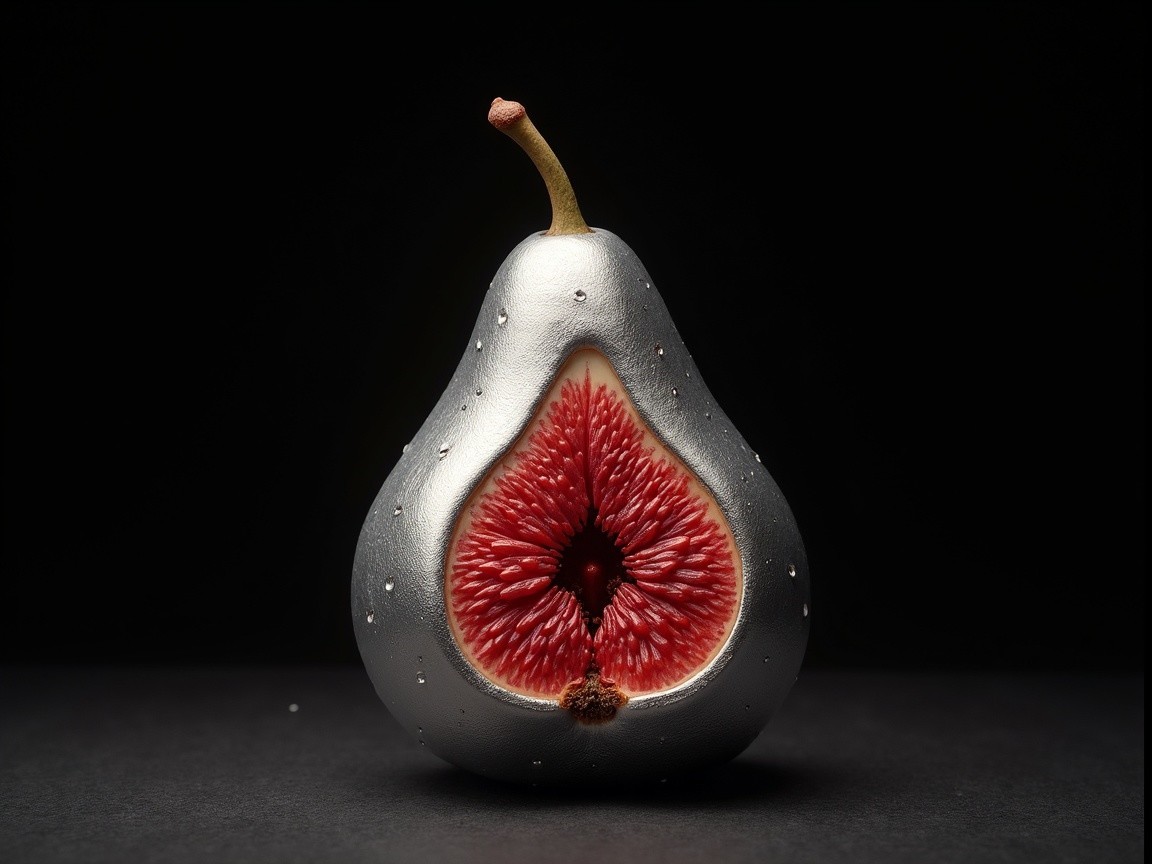Metallic Silver Pear with Red Fig Interior Displayed
