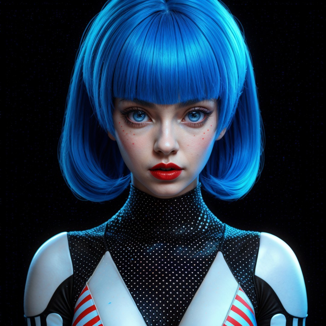 Futuristic Character with Blue Hair and Dramatic Makeup