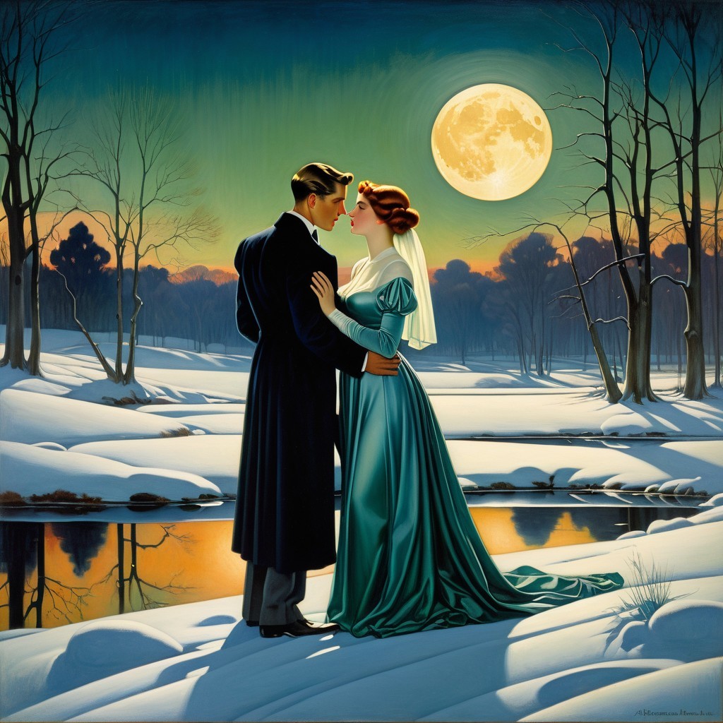 Romantic Couple in Winter Landscape Under Full Moon