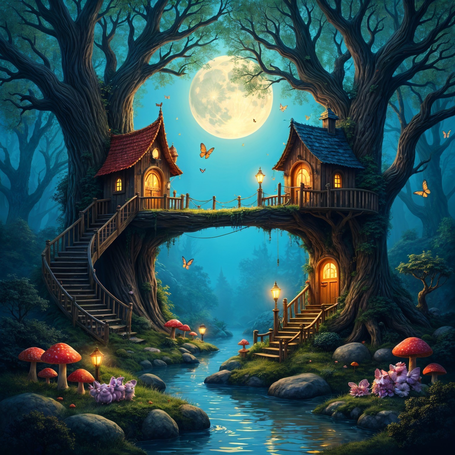 Charming Treehouses in a Mystical Forest Setting