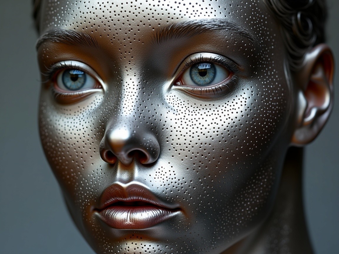 Futuristic humanoid sculpture with metallic skin and blue eyes