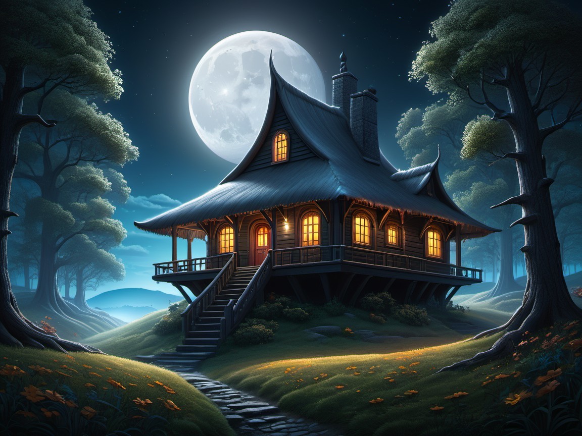 Whimsical Cottage Under a Bright Full Moon