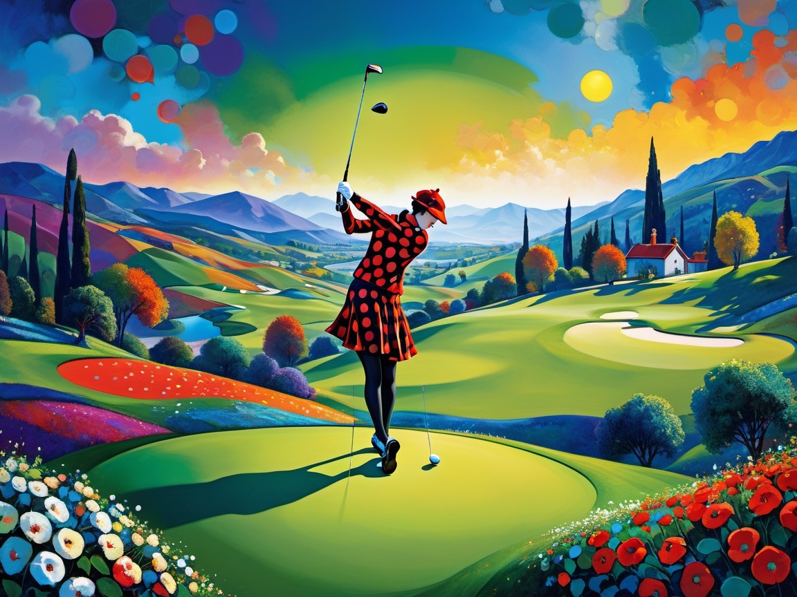 Colorful Golf Course Landscape with Golfer in Red Outfit