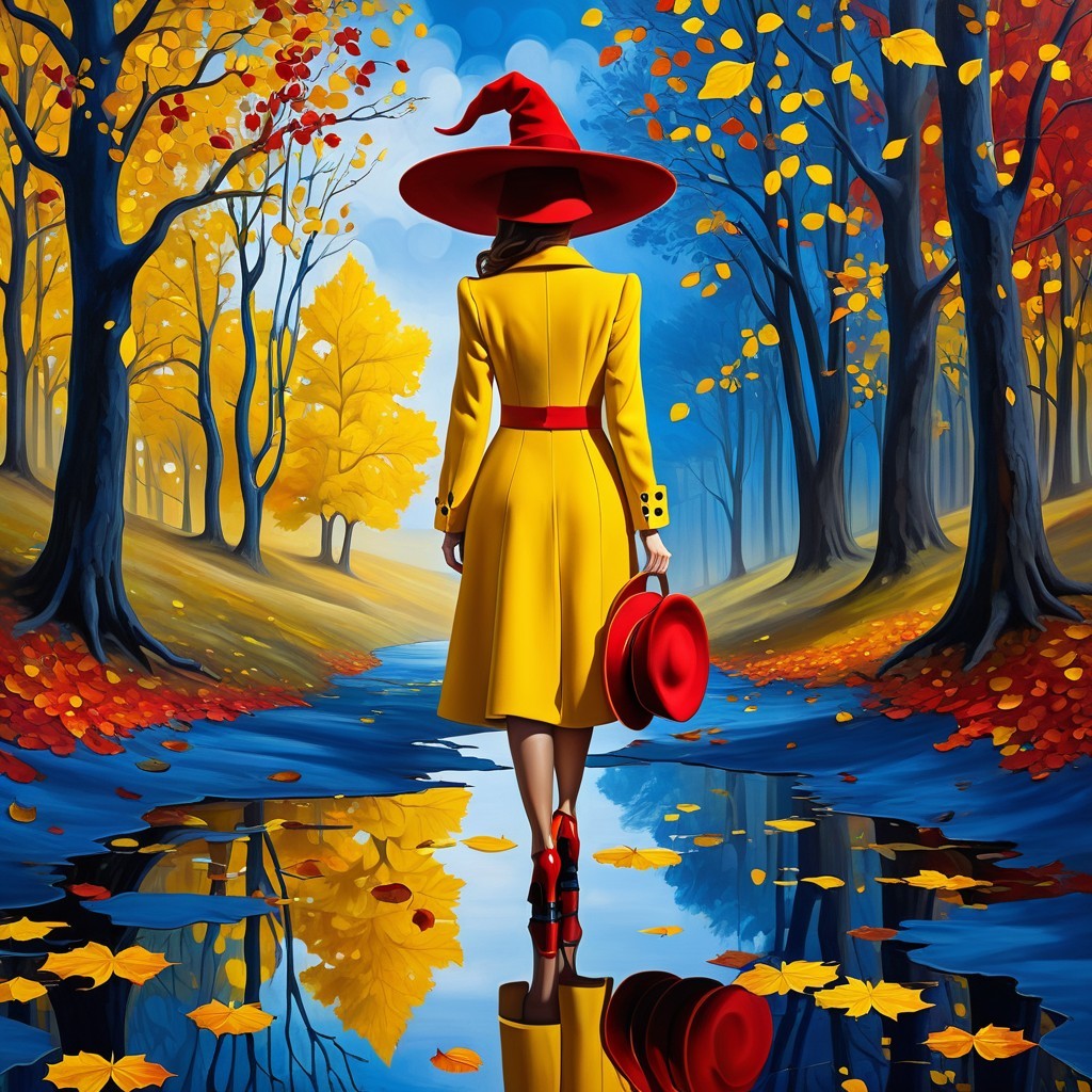 Autumn Scene with Vibrant Yellow Coat and Red Hat