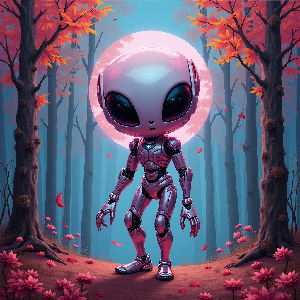 Alien Figure in Vibrant Autumn Forest Under Moon