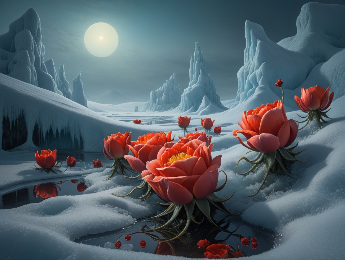 Surreal Landscape of Red Flowers in Snowy Terrain