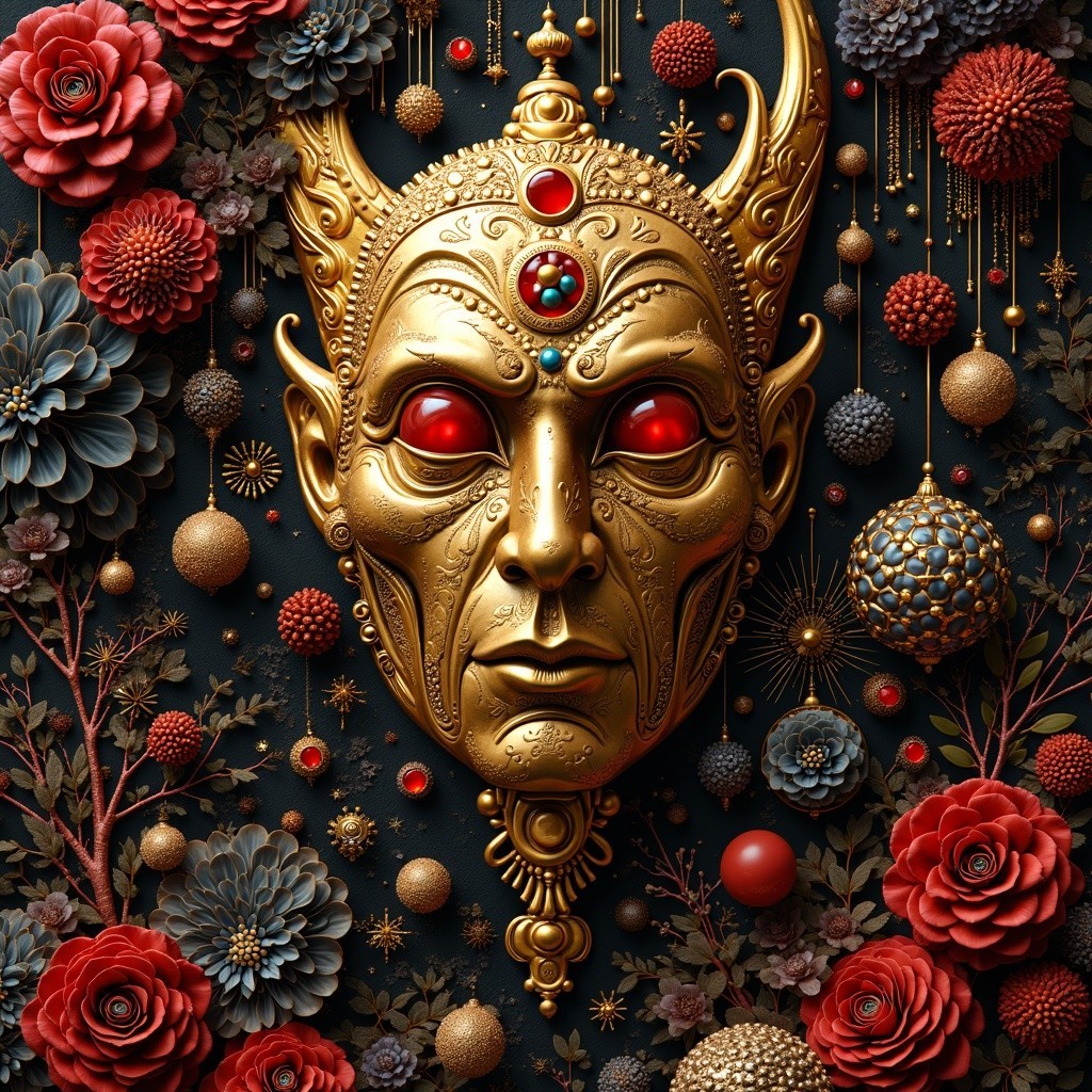 Golden Mask with Red Eyes and Floral Elements