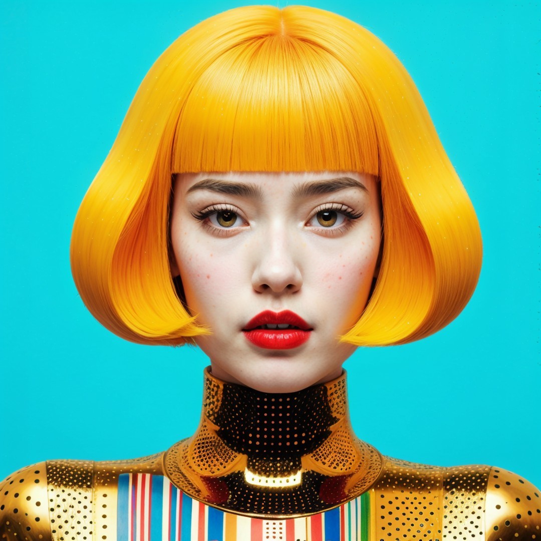 Portrait of Young Woman with Yellow Bob and Metallic Outfit