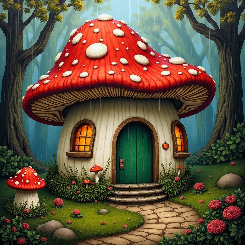 Whimsical Mushroom House in Enchanted Forest Setting