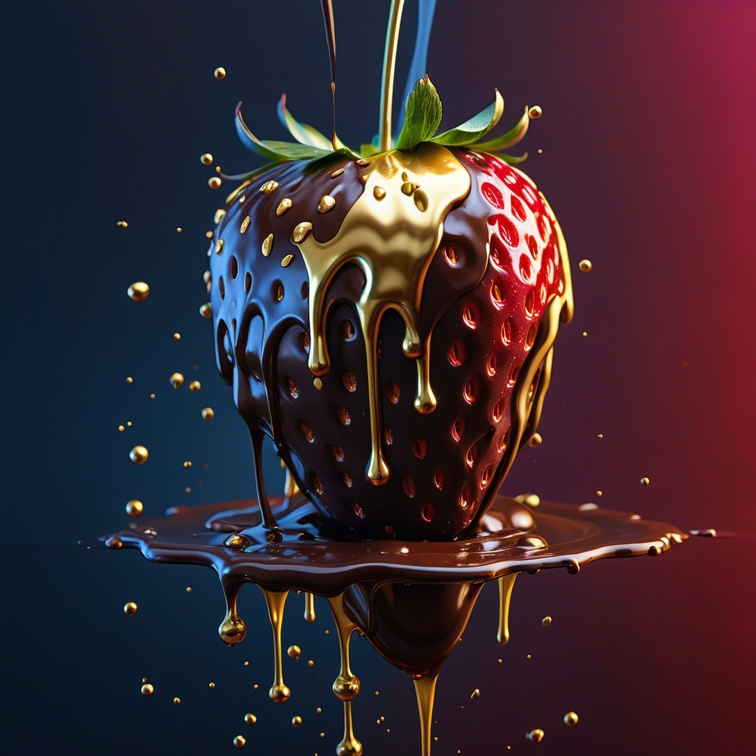 Chocolate-Covered Strawberry with Golden Drips and Background