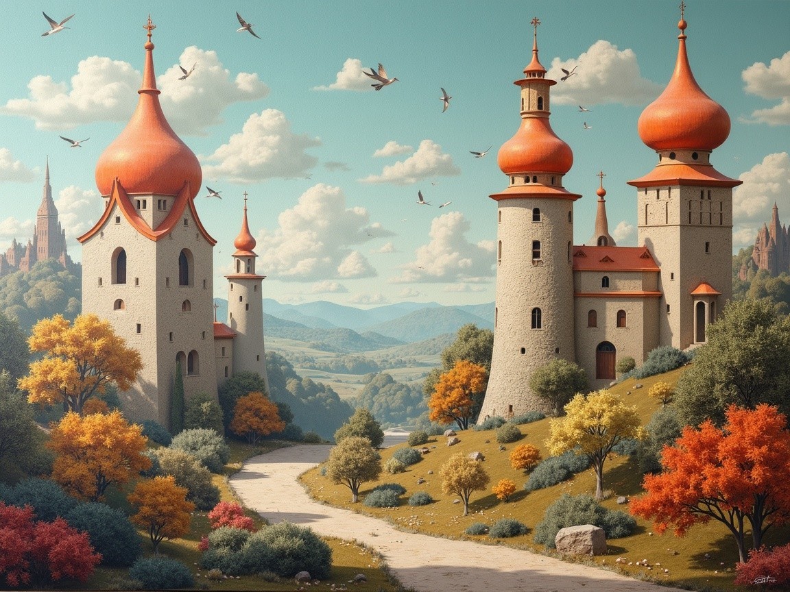 Whimsical Towers and Autumn Landscape Scene